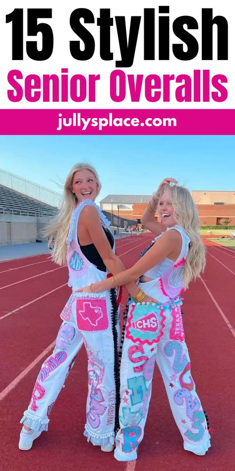 Senior Overalls Cute Senior Overalls Ideas, Preppy Senior Overalls, Football Overall Ideas, Pink And White Senior Overalls, Homecoming Overalls Diy, Game Day Overalls Outfit, Senior Coverall Ideas, High School Overalls, Overalls Decorated Ideas