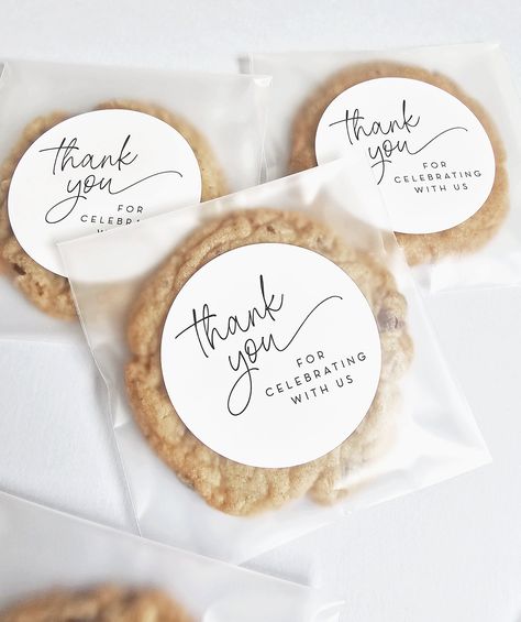 These sweet wedding cookie favor bags are the perfect way to send your guests home with a little something they will love. These clear frosted bags measure 4" x 4", are flat and come with white 'thank you for celebrating with us' 2-1/2" diameter circle stickers. They are the perfect size for a cookie or other small treats and can be used for weddings, showers and more. Simply place the cookie (or other treat) in the bag, remove the strip at the top of the flap and seal the bag. DETAILS * 4" x 4" Simple Party Favors For Wedding, Diy Wedding Guest Favors, Wedding Edible Favors, Snack Favors Wedding, Thank You Favors Ideas, Cookies For Wedding Favors, Cheap Practical Wedding Favors, Wedding Party Favors Edible, Thank You Favors