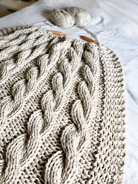 This chunky knit blanket pattern is perfect for anyone who wants to learn how to knit cables.   Knit on huge needles, the cable blanket is a quick and easy knit. Cable Knit Blanket Pattern, Large Knit Blanket, Knit Throw Blanket Pattern, Knit Cables, Chunky Knit Blanket Pattern, Cable Knit Blanket, Cable Blanket, Knit Blanket Pattern, Knit Afghan Patterns