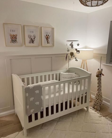 Panelling Walls Nursery, Gender Neutral Nursery Panelling, Unisex Nursery Gender Neutral, Nursery Decor Small Room, White Cot Nursery, Nursery Small Space Ideas, Panelled Nursery Ideas, Nursery With Panelling, Light Nursery Ideas