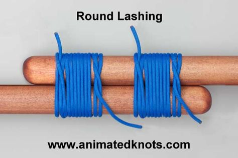 The Round Lashing is similar to the one described by Ashley for scaffolding (ABOK # 2103, p 342) It is used to lash two parallel spars together to make a longer one. #survival #survivalskills #scouting #prepper #prepping #camping #hiking Bamboo Lashing, Scouting Knots, Animated Knots, Camping Projects, Bowline Knot, Reef Knot, American Heritage Girls, Scout Camp, Girl Scout Camping