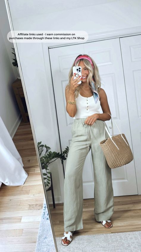 Linen-blend Pull-on Pants - Light … curated on LTK Green Linen Pants Outfit, Realistic Outfits, Green Linen Pants, Linen Pants Outfit, Cotton Linen Pants, Tank Top Outfits, Pull On Pants, Linen Pants, Pants Outfit