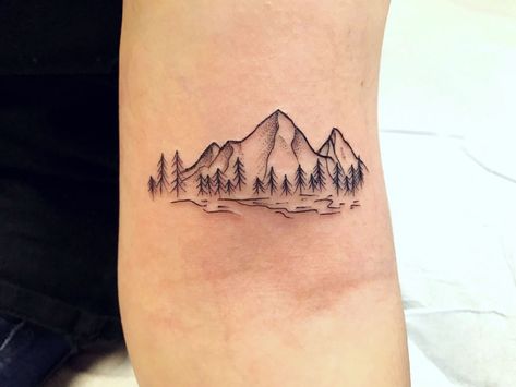 Mountain Tattoo Above Elbow, Mountain With River Tattoo, Women Mountain Tattoo, Mountain Tattoo With Trees, Inside Of Elbow Tattoo, Floral Mountain Tattoo, Mountain Tattoo With Flowers, Above The Elbow Tattoo Women, Mountain Trees Tattoo