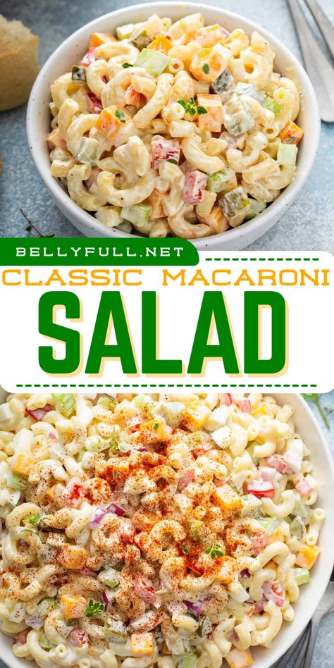 Say hello to summer with this Classic Macaroni Salad recipe! This summer salad idea is a must-have on your Memorial Day party food, boasting a homemade creamy dressing and simple ingredients that everyone will surely love! Grill Day Ideas, Funeral Pasta Salad, Summer Salads Recipes For Bbq, Cold Meat Salads, Macaroni Salad With Mayonnaise, Cold Macaroni Salad Recipe Summer, Vegetarian Macaroni Salad, Pasta Salad Recipes Classic, Salads For Memorial Day