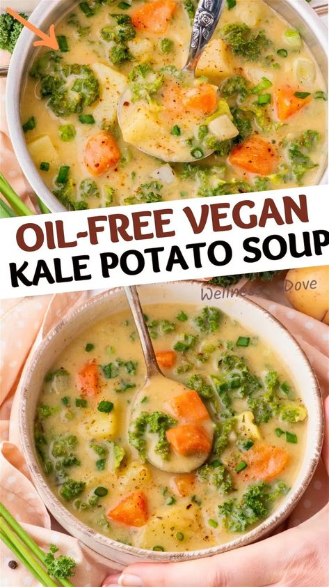 Creamy Kale Potato Soup Potato Kale Soup Vegetarian, Kale Soup Vegetarian, Potato Kale Soup, Kale Potato Soup, Raw Vegan Recipes Easy, Kale Potato, Vegan Carrot Soup, Creamy Kale, Small Red Potatoes