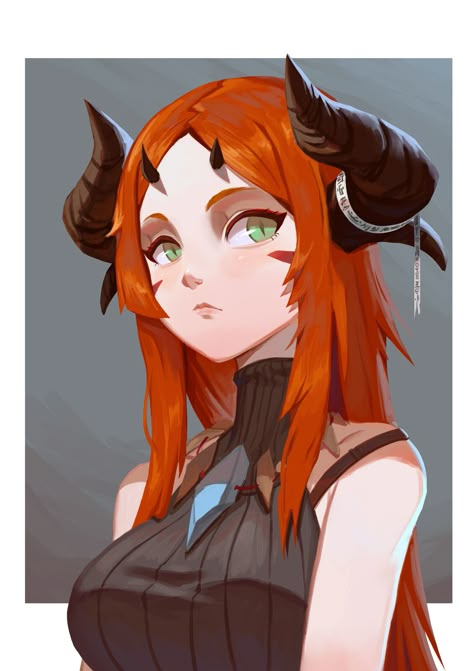 Character With Horns, Pc Inspiration, Long Horns, Chara Design, Character Design Girl, Monster Girls, Dnd Stuff, Quirky Art, Male Character