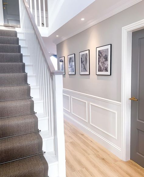 Panelled Hallway Lighting, Hallway And Stair Panelling, Hallway White Panelling, Wall Paneling Ideas Corridor, Large Hall Stairs And Landing Decor, Georgian Decor Interior Design, Silver Hallway Ideas, Grey And Beige Hallway, Grey Panelled Hallway