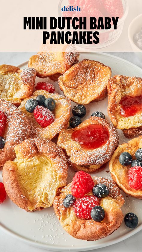 A new brunch favorite. Breakfast For Dogs Recipes, Mini Dutch Baby Pancakes, Dutch Baby Pancake Lemon Curd, Mini Dutch Pancakes, Dutchbaby Pancake Recipe, Lemon Blueberry Dutch Baby Pancake, Dutch Baby Pancake Recipe, Budget Desserts, Dutch Baby Recipe