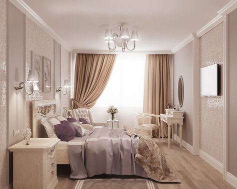 Bedroom in pastel beige and lilac tones Beige White Purple Bedroom, Lilac And Beige Bedroom, Lilac And Gold Bedroom, Beige And Purple Bedroom, Purple And Beige Bedroom, Lilac Bedroom Aesthetic, Purple Gold Bedroom, Lavender Bedroom Aesthetic, Pastel Purple Bedroom