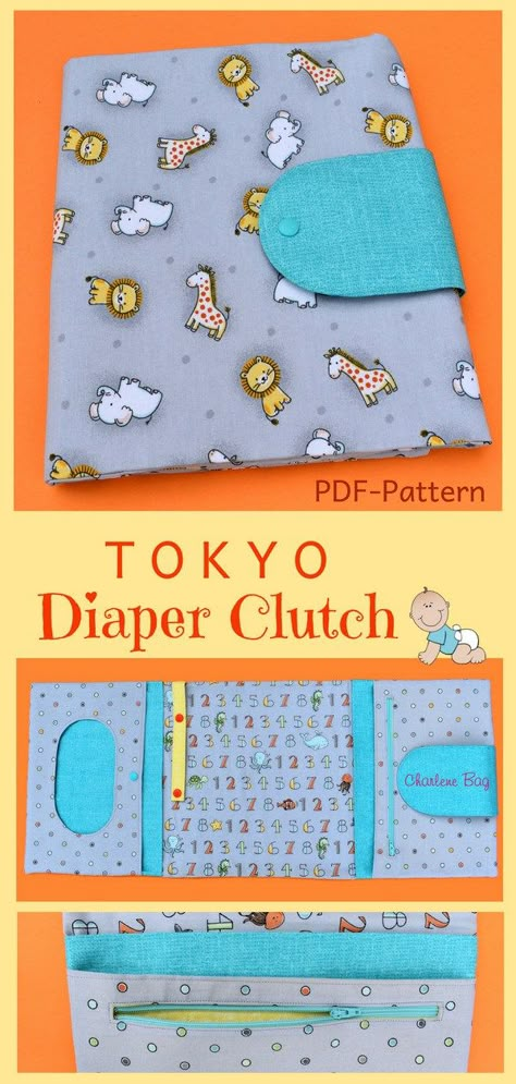 Create your own useful and unique diaper clutch with this easy-to-follow and step-by-step "TOKYO Diaper Clutch" sewing pattern. The "TOKYO Diaper Clutch" stores all necessary baby items and is (when unfolded) even long enough to use it as a changing mat for your little one. It can be a beautiful gift for a baby shower or a "newborn mom", too. Diaper Bag Sewing Pattern, Baby Shoes Diy Pattern, Clutch Sewing, Nappy Wallet, Tote Bag Pattern Free, Baby Shoes Diy, Clutch Pattern, Bag Sewing Pattern, Modern Bag