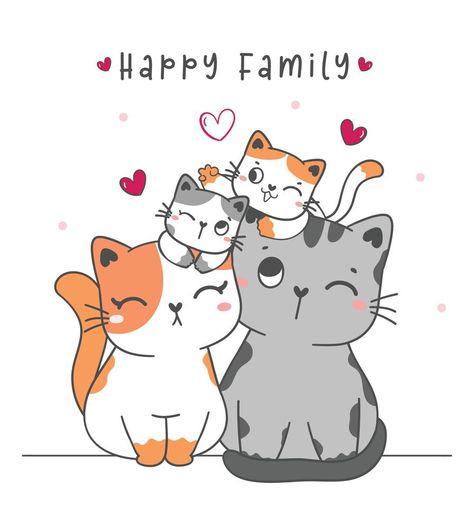 cute family kitty cat, mom, dada, son and dauther cartoon drawing vector illustration 가족 일러스트, Regalos Ideas, Baby Birthday Invitations, Gelli Arts, Family Drawing, Holiday Cross Stitch, Baby Painting, Kitty Drawing, Drawing Vector