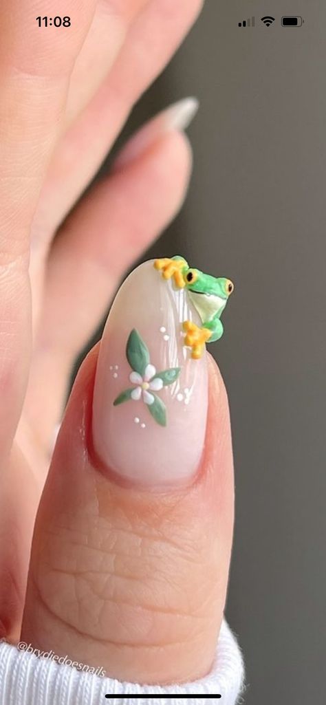 Frog Nail Art, Frog Nails, 3d Flower Nails, Grunge Nails, Gem Nails, Art Nails, Cute Frogs, Flower Nails, Nails Design