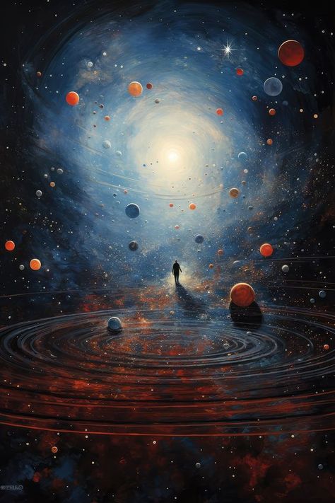 Multiple Universes Art, We Are Travelers On A Cosmic Journey, Painting Of Universe, Other Planets Art, Universe Poster Design, The Universe Aesthetic, Space Mysteries, Celestial Character Design, Space Fantasy Art