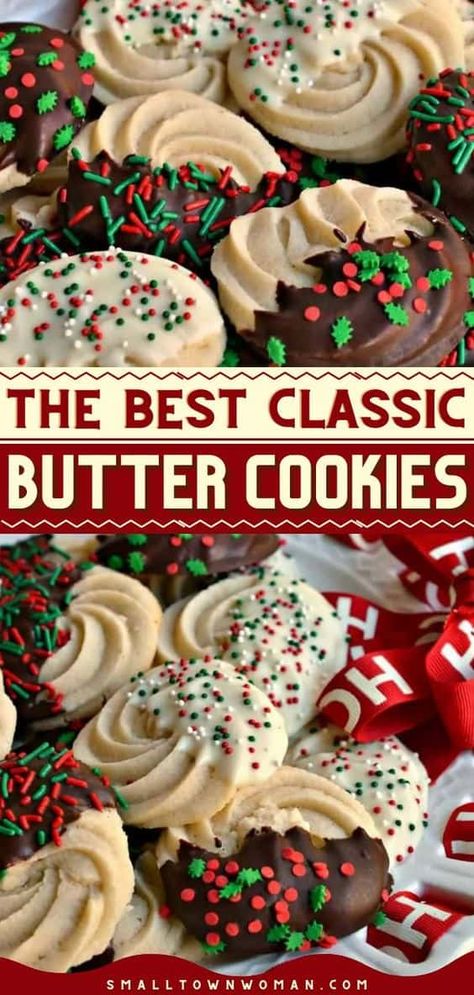 A classic addition to your Christmas cookie trays! This holiday baking recipe is one of the BEST. While these easy homemade butter cookies are already beautiful and flavorful, you can put an extra special touch! Christmas Cookies Large Batch, Christmas Cookies Butter, Classic Butter Cookies, Butter Christmas Cookies Recipes, Holiday Butter Cookies, Christmas Butter Cookies Recipe, Christmas Cookie Flavor Ideas, Holiday Cookie Platter Ideas, Cookie Tin Recipes