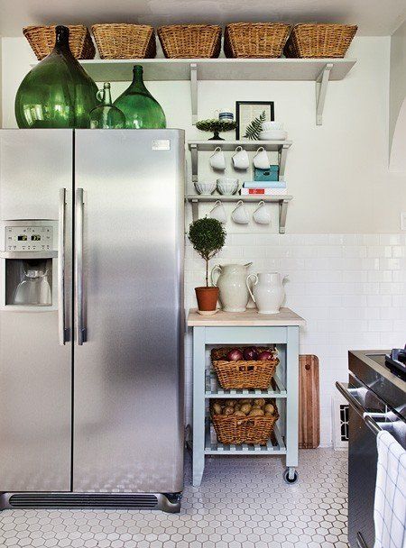 shelf above fridge with baskets for storage, cart + short shelves Dapur Ikea, Ikea Kitchen Cart, Above Fridge, Above The Fridge, Ikea Bekvam, Ikea Finds, Small Kitchen Storage, House Of Turquoise, Decor Ikea