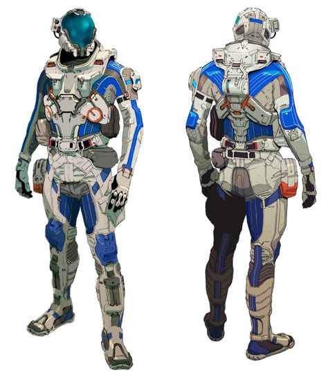 Cyberpunk Astronaut Concept Art, Mass Effect Character Design, Mass Effect Andromeda Armor, Sci Fi Armor Suits, Space Armor Concept, Spacesuit Concept Art, Space Suit Concept Art, Mass Effect Armor, Andromeda Art