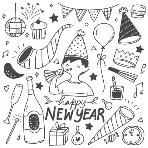 New Year Drawings Ideas, New Year Doodle Art, New Years Doodles, New Years Drawings, Happy New Year Card Diy, Happy New Year Drawing Ideas, Happy New Year Doodle, New Year Doodles, Drawing New Year