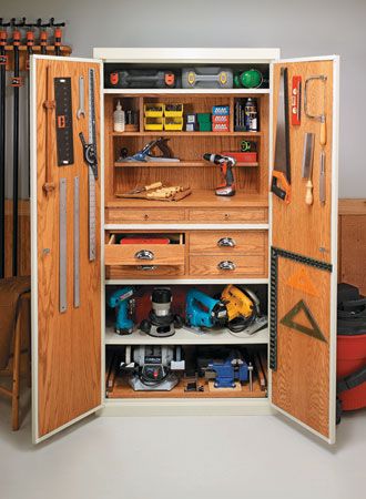 Customize an ordinary steel storage cabinet to hold a shop full of tools and supplies. Tools Cabinet Storage, Wood Tool Cabinet, Tool Room Storage, Steel Cabinet Makeover, Large Tool Storage Ideas, Tool Cabinet Organization, Tool Cabinet Ideas, Woodsmith Plans, Steel Storage Cabinets