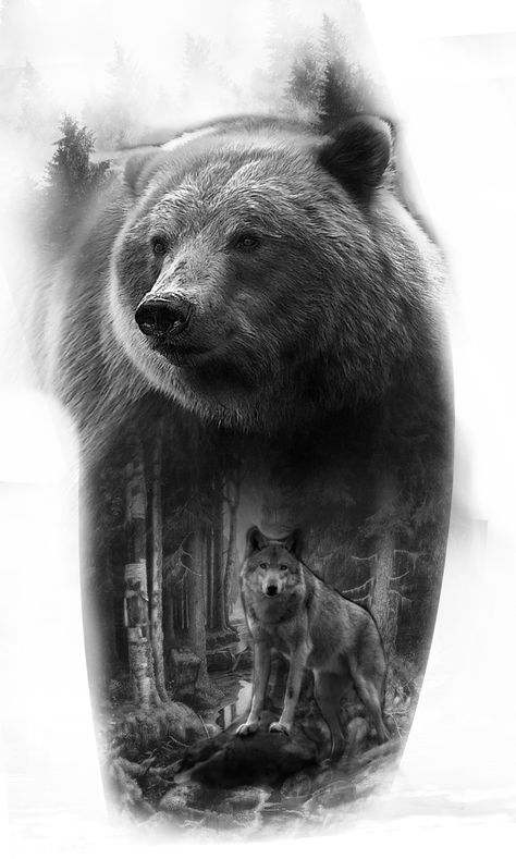 Wolf Bear And Eagle Tattoo, Bear Wolf Tattoo, Wolf Bear Tattoo, Bear And Wolf Tattoo, Grizzly Bear Tattoos, Headdress Tattoo, Wildlife Tattoo, Jaguar Tattoo, Scene Tattoo