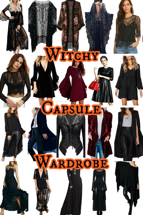 With a combination of flowy chiffons, lustrous velvets, chunky knits, tough leathers, delicate silks, and intricate lace fabrics, it’s a look that is made all the more impactful due to its layers and textures. A little goth, a little bohemian, a little mystical – a witchy wardrobe can be a fun and spooky style to wear year-round, not just in October. If parsing the look down to a capsule-worthy fifteen pieces, these are the witchy essentials. Gothic Chic Outfit Style, Boho Witch Capsule Wardrobe, Plus Size Witch Outfits, Gothic Capsule Wardrobe, Witch Capsule Wardrobe, Whimsigoth Essentials, Witchy Wardrobe Style, Curvy Witchy Outfits, Masculine Witchy Outfits