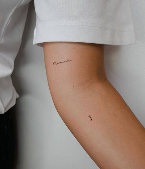 Tiny T Tattoo, Minimalist Tribute Tattoo, Three Number Tattoo, You Remain Tattoo, 3 Line Tattoo, Small Initial Tattoo Placement, Tint Tattoo Ideas, Inside Of Elbow Tattoo, Tatoos Minimal