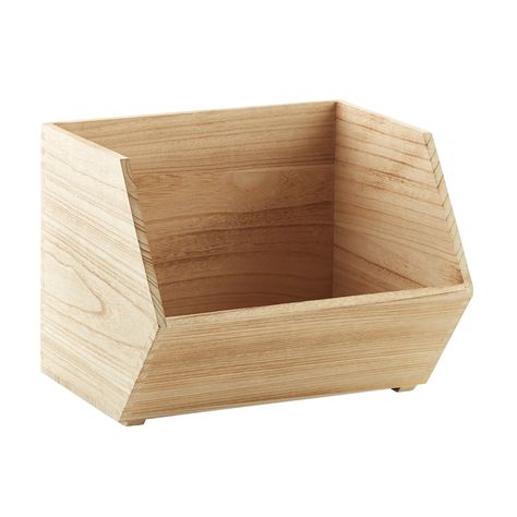 We could put snacks, boxes in these. Or we could put them on the bottom for "catch all" things like the white ones I put in here Wooden Potato Bin, Diy Bookcase, Storing Produce, Wooden Bins, Wood Bin, Stacking Bins, Organizing Linens, How To Store Potatoes, Pantry Organizers