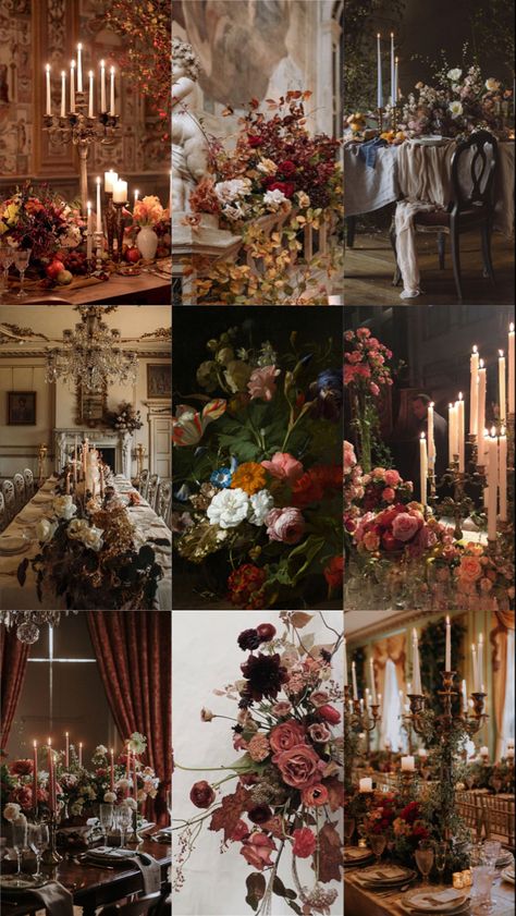 Vintage Ball Aesthetic, Baroque Wedding Flowers, Soft Fall Wedding Flowers, Baroque Italian Wedding, Edgy Romantic Aesthetic, Moody Wedding Theme Ideas, Moody Wedding Mood Board, Spring Wedding Dark Colors, Moody Bridgerton Wedding