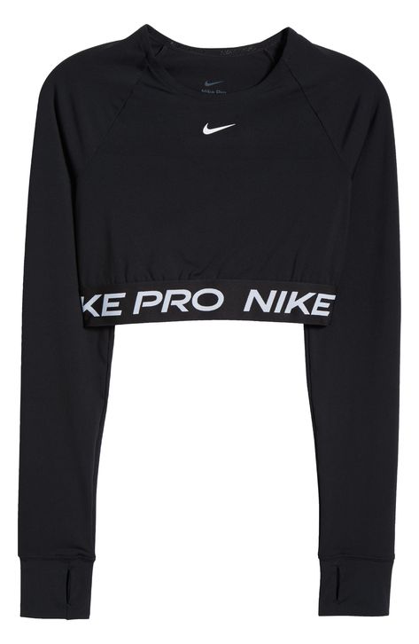 Nike Pro lettering details the stretchy, cropped hem of a second-skin top designed with sweat-wicking Dri-FIT tech that helps you stay dry and comfortable. 13 1/2" length (size Medium) Crewneck Long sleeves with thumbhole cuffs Dri-FIT moisture-wicking technology 83% polyester, 17% spandex Machine wash, dry flat Imported Nike Pro Top, Nike Pro Leggings Outfit For School, Nike Set Outfits Women, Nike Workout Outfits, Nike Clothes Women, Nike Pros Outfit, Nike Shirts Women's, Nike Fits, Nike Women Outfits