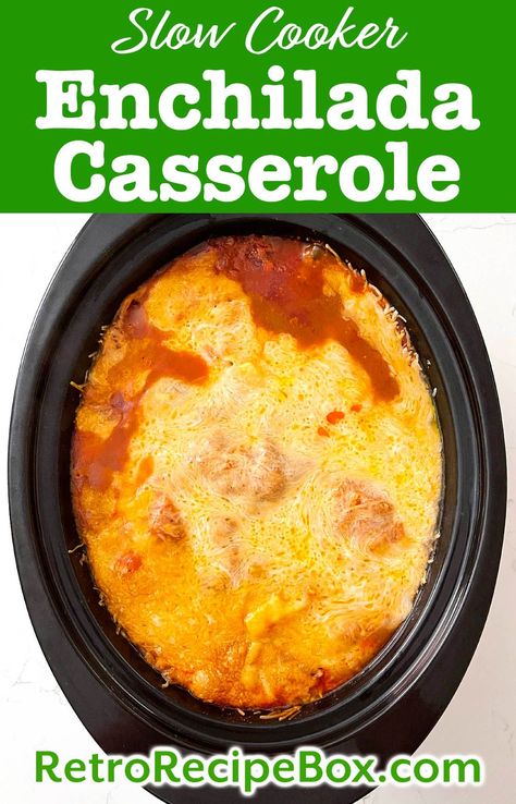 Slow Cooker Enchilada Casserole is a delicious way to enjoy enchiladas without having to roll them. Use ground beef or ground turkey in this yummy crock pot enchilada casserole, slow cooker enchiladas and crock pot enchiladas by retrorecipebox.com Crock Pot Enchiladas, Slow Cooker Enchilada Casserole, Crockpot Enchilada Casserole, Casserole Slow Cooker, Ground Beef Crockpot Recipes, Slow Cooker Ground Beef, Slow Cooker Enchiladas, Enchilada Casserole Recipes, Crockpot Turkey