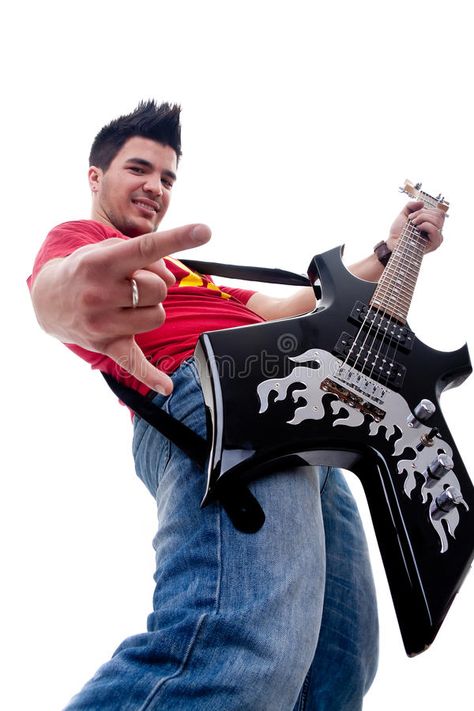 Musician with guitar gesturing rock sign. Over white - wide angle picture , #AD, #gesturing, #rock, #Musician, #guitar, #sign #ad Art Poses Guitar, Rock Poses Reference, Angled Drawing Poses, Pose Reference Rockstar, Guitar Pose Reference Sitting, Playing Guitar Pose Reference Perspective, Dynamic Poses Guitar, Rocker Poses Drawing, Rockstar Reference Poses