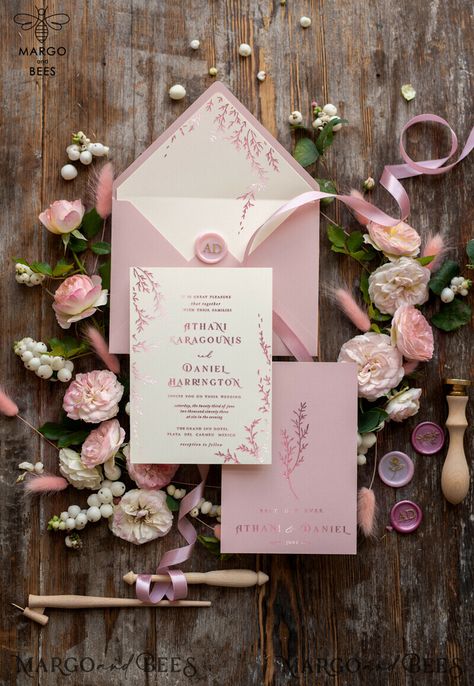 Your wedding day is a reflection of your unique love story, and what better way to set the tone than with glamour rose gold wedding invitations? Our luxury blush pink wedding invitation suite is designed to capture the essence of romance and elegance, while incorporating minimalistic elements for a modern touch. These romantic floral wedding cards feature delicate blooms in soft pastel hues, creating a dreamy atmosphere that will leave your guests in awe. The combination of rose gold accents and Cards Handmade Wedding, Floral Wedding Cards, Romantic Floral Wedding, Romantic Wedding Stationery, Handmade Wedding Stationery, Wedding Invitations Luxury, Blush Pink Wedding Invitations, Shine Wedding Invitations, Pink Wedding Invitation