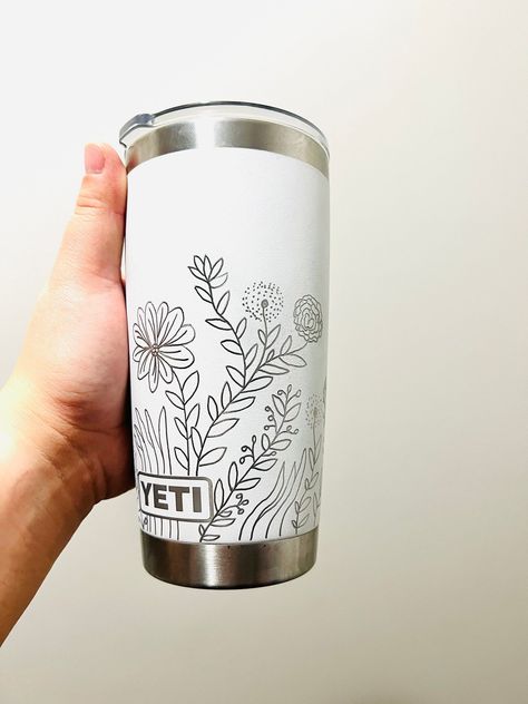 20 oz floral tumbler with hand drawn floral design. Custom engraved with your name or message. #floraltumbler #tumbler #customtumbler . #Etched_Water_Bottle_Design #Mug_Engraving_Ideas #Etched_Yeti_Tumbler #Cricket_Tumbler_Ideas Name Tumbler Ideas, Etched Water Bottle, Etched Tumbler Ideas, Custom Hard Hats, Custom Car Stickers, Custom Wall Stickers, Hard Hat Stickers, Engraving Ideas, Hand Drawn Floral