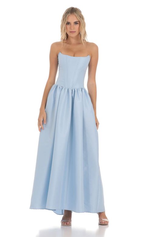 Strapless Corset Gown in Blue Strapless Floor Length Dress, Wedding Guest Dress Fancy, Formal Light Blue Dress, European Wedding Bridesmaids, Light Blue Maid Of Honor Dress, Baby Blue Wedding Guest Dress, Floor Length Wedding Guest Dress, Mismatched Blue Bridesmaids, Blue Rehearsal Dinner Dress