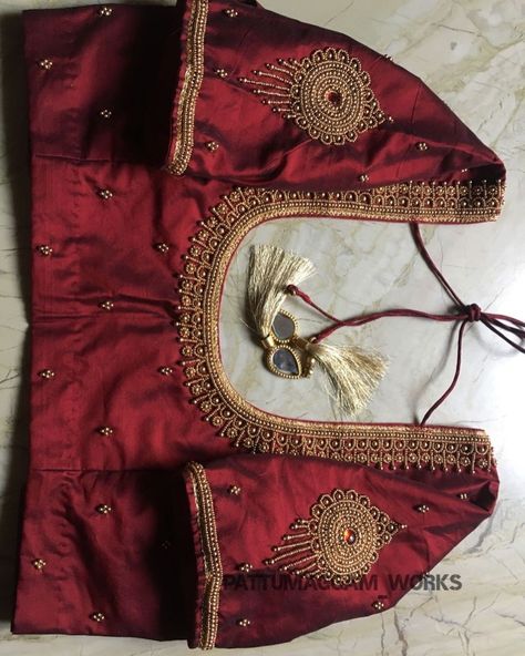 Dark Brown Aari Work Blouse, Brown Colour Blouse Maggam Work, Merun Colour Aari Blouse Design, Copper Aariwork Blouse Designs, Maroon Colour Blouse Design, Maroon Colour Blouse, Latest Simple Blouse Work Designs, Simple Bridal Blouse Designs, Latest Simple Aari Work Blouse Designs