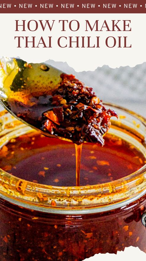 Learn How To Make Thai Chili Oil at home with this easy 5-minute recipe! Trust me, you need this homemade chili oil on hand in your kitchen to use weekly, if not daily. #thaichilioil #howtomakethaichilioil #thaichilioilnoodles #thaichilioilrecipe #spicythaichilioil #thaichiligarlicoil #diythaichilioil Thai Chili Pepper Oil Recipe, Homemade Thai Chili Sauce, Making Chili Oil, Essen, Thai Birds Eye Chili Recipes, Spicy Chili Oil Recipe, Crispy Hot Chili Oil, Hot Chilli Oil Recipe, Korean Chili Oil Recipe