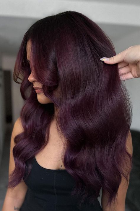 Dark Cherry Ombre Hair, Burgundy Violet Hair, Plum Hair With Highlights, Wine Purple Hair, Deep Plum Hair Color, Cherry Purple Hair, Maroon Red Hair, Burgundy Plum Hair Color, Plum Balayage