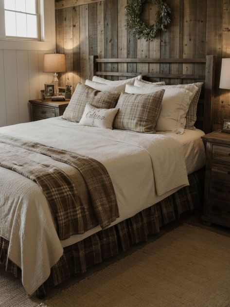 Add a touch of rustic charm to your bedroom by hanging wooden plank wall art with nature-inspired motifs. Complete the look with a distressed dresser and cozy plaid bedding for a cozy farmhouse aesthetic. Plank Wall Art, Distressed Dresser, Plaid Bedding, Wooden Plank, Farmhouse Aesthetic, Plank Walls, Cozy Farmhouse, Rustic Wall Art, Wooden Planks