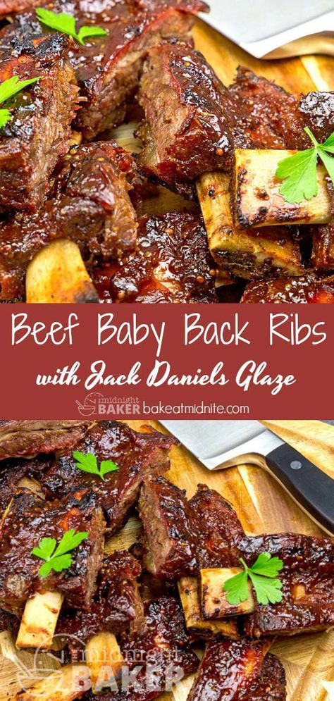 Jack Daniels Beef Baby Back Ribs - The Midnight Baker - Beef Rib Recipe #beefribs #recipes #BBQ Jack Daniels Ribs Recipe, Beef Baby Back Ribs, Beef Rib Recipe, Jack Daniels Glaze, Fried Chicken Gravy, Jack Daniels Recipes, Pot Roast Brisket, Bbq Ribs Recipe, Whiskey Glaze