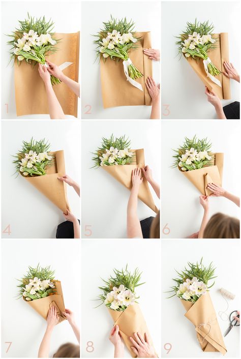 Step by step instructions on how to beautifully wrap a flower bouquet. Bouquet Arrangements Diy, Kartu Valentine, Fleurs Diy, Flower Bouquet Diy, Flower Truck, Ge Bort, How To Wrap, Bouquet Wrap, Flowers Bouquet Gift