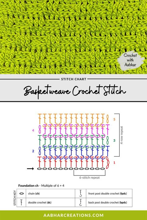 Basketweave Crochet Stitch - Free Crochet Stitch Chart and pattern from aabharcreations Basketweave Stitch Crochet Blanket, Crochet Basket Stitch Pattern, Basketweave Crochet Pattern, Crochet Stitches Basket Weave, Crochet Basketweave Stitch Tutorial, Crochet Weave Pattern, Woven Crochet Stitch, Basket Crochet Stitch, Crochet Patterns Chart