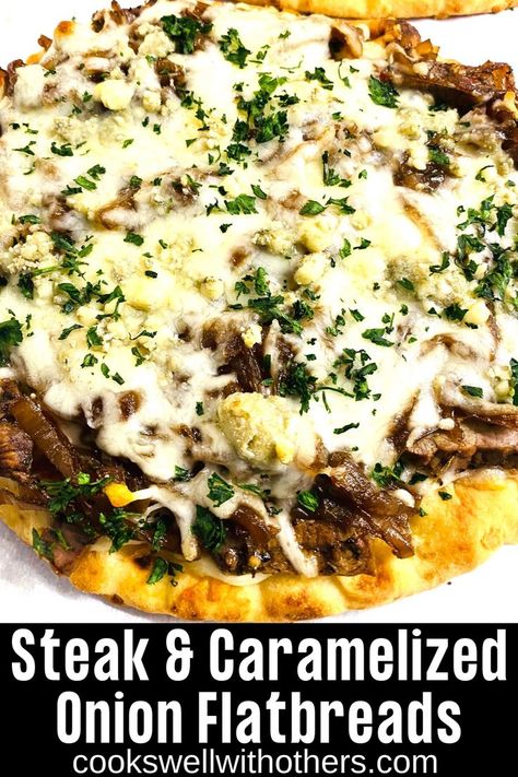 pizza topped with steak onions and cheese Steak Flatbread Pizza, Flatbread Toppings, Naan Pizza Recipes, Breaded Steak, Flatbread Pizza Recipes, Steak And Onions, Recipes With Naan Bread, Leftover Steak, Naan Pizza