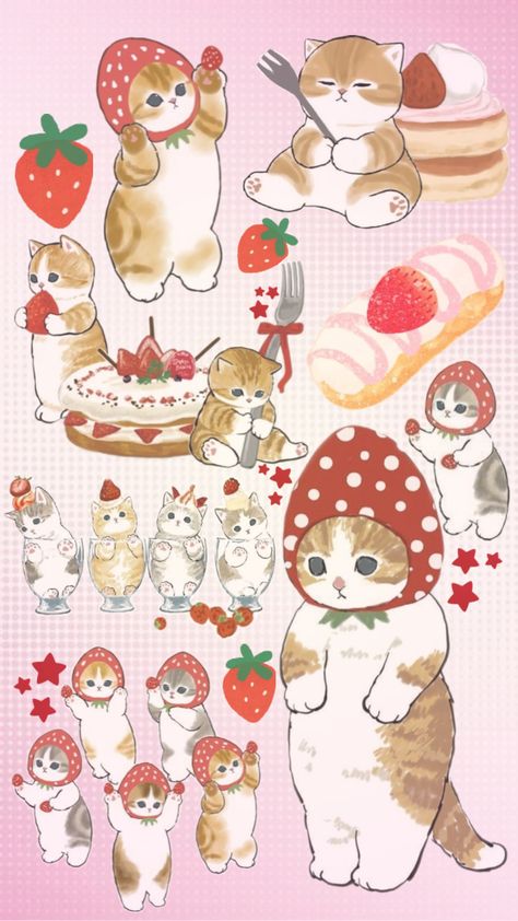 #strawberry #cat #juminocore #coquette #cottagecore #red #redaesthetic #pink #pinkaesthetic #cats #art Cottagecore Prints, Strawberry Cat, Jelly Wallpaper, Coquette Cottagecore, Wallpaper Doodle, Cute Journals, Hello Kitty Iphone Wallpaper, Cats Art, Iphone Wallpaper Girly