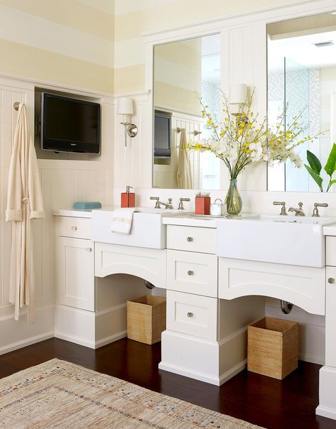 cream-striped bathroom with built-in tv nook Tv In Bathroom, Walk In Shower Designs, Bathroom Cabinetry, Modern Sink, Radiant Floor Heating, In Bathroom, Container Store, Dream Bathroom, Shower Design