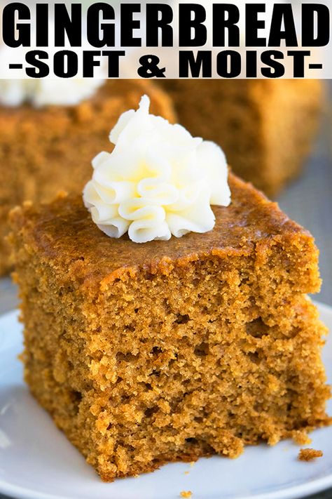 GINGERBREAD RECIPE/ GINGERBREAD CAKE RECIPE- Quick and easy, made with simple ingredients. Paired with cream cheese frosting or whipped cream. Can be made into loaf and used in trifle. This old fashioned, classic Christmas dessert is soft, moist, loaded with molasses & spices (cinnamon, cloves, ginger). From CakeWhiz. Gingerbread Loaf Recipe Moist, Simple Gingerbread Recipe, Gingerbread Recipe Loaf, Moist Gingerbread Loaf, Ginger Bread Recipe Easy, Ginger Bread Cake Christmas, 1 Egg Dessert Recipes, Recipe For Gingerbread, Ginger Bread Recipes