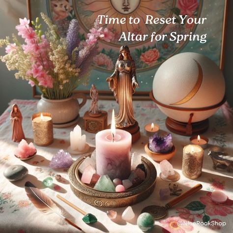 Spring Altar, Happy Ostara, Pink Altar Witch, Ostara Spring Cleaning, Ostara Mini Altar, Green Witchcraft Altars, Glamour Altar Witchcraft, Witchy Altar, Fresh Starts