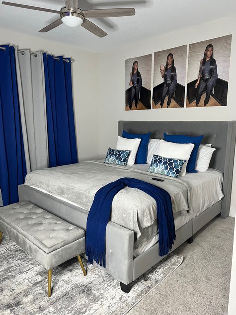 Royal Blue Grey And White Bedroom, Royal Blue Black And Grey Bedroom, Blue And Gray Room Ideas, Grey And Blue Furniture Living Room, Black Blue And White Bedroom, Royal Blue And Gray Bedroom Ideas, Royal Blue White And Silver Bedroom Ideas, Blue Black And White Bedroom Ideas, White Black And Blue Bedroom