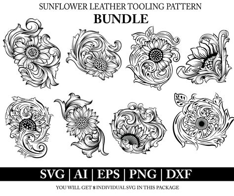 Western Leather Tattoo, Sunflower Leather Tooling Pattern, Sunflower Leather Tooling, Tooled Leather Tattoo, Leather Tooling Patterns Printable, Laser Cut Flower, Western Svg, Svg Western, Custom Leather Belts