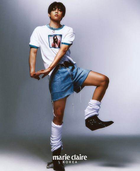 Picnic Outfit Men, Men Models, Marie Claire Korea, Kim Sunwoo, Denim Projects, Anthony Vaccarello, Photoshoot Concept, Dynamic Poses, Streetwear Men Outfits