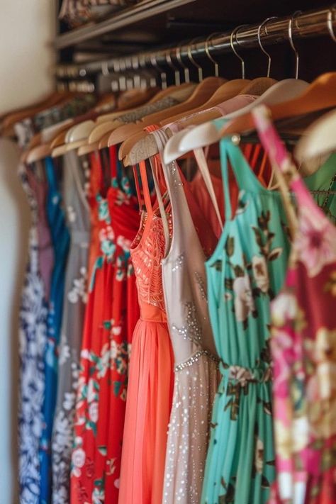 How To Hang Long Dresses In A Short Closet: Storage Solutions Creative Hanging Clothes Storage, Closet Of Dresses, Long Dress Organization Ideas, Storing Long Dresses In Closet, Long Dress Storage Ideas, Dress Storage Ideas Closet Organization, How To Hang Up Long Dresses, How To Hang A Dress On A Hanger, How To Store Long Dresses In Closet