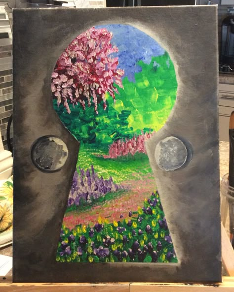 Primary Colors Drawing Ideas, Keyhole Painting Ideas, Portal Painting Ideas, Fairytale Painting Easy, Portal Painting On Wall, Painting Ideas On Canvas Fairycore, Hobbit Painting Acrylic, Key Hole Paintings, Hobbit Hole Painting Acrylic